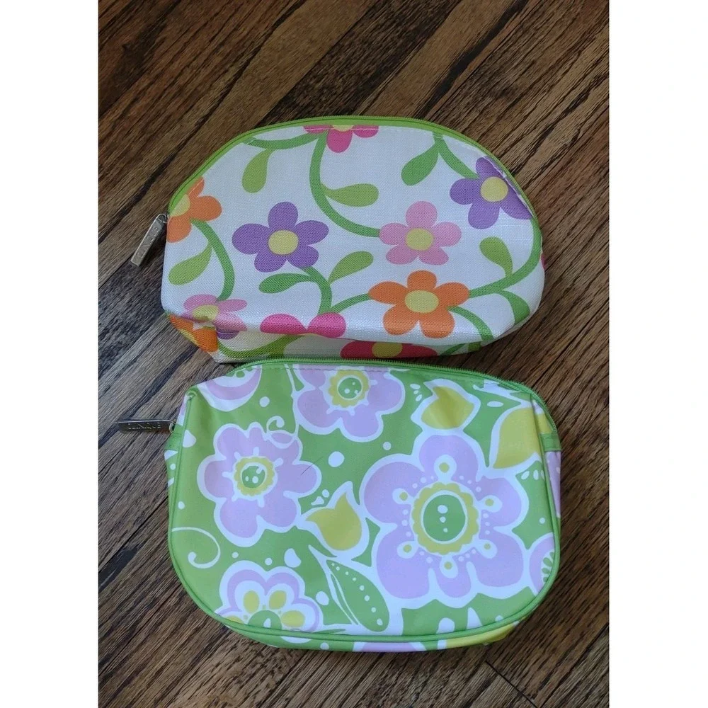 Clinique Makeup Bag Set (2) Floral Green Pink Orange Cosmetic Pouches NWOT